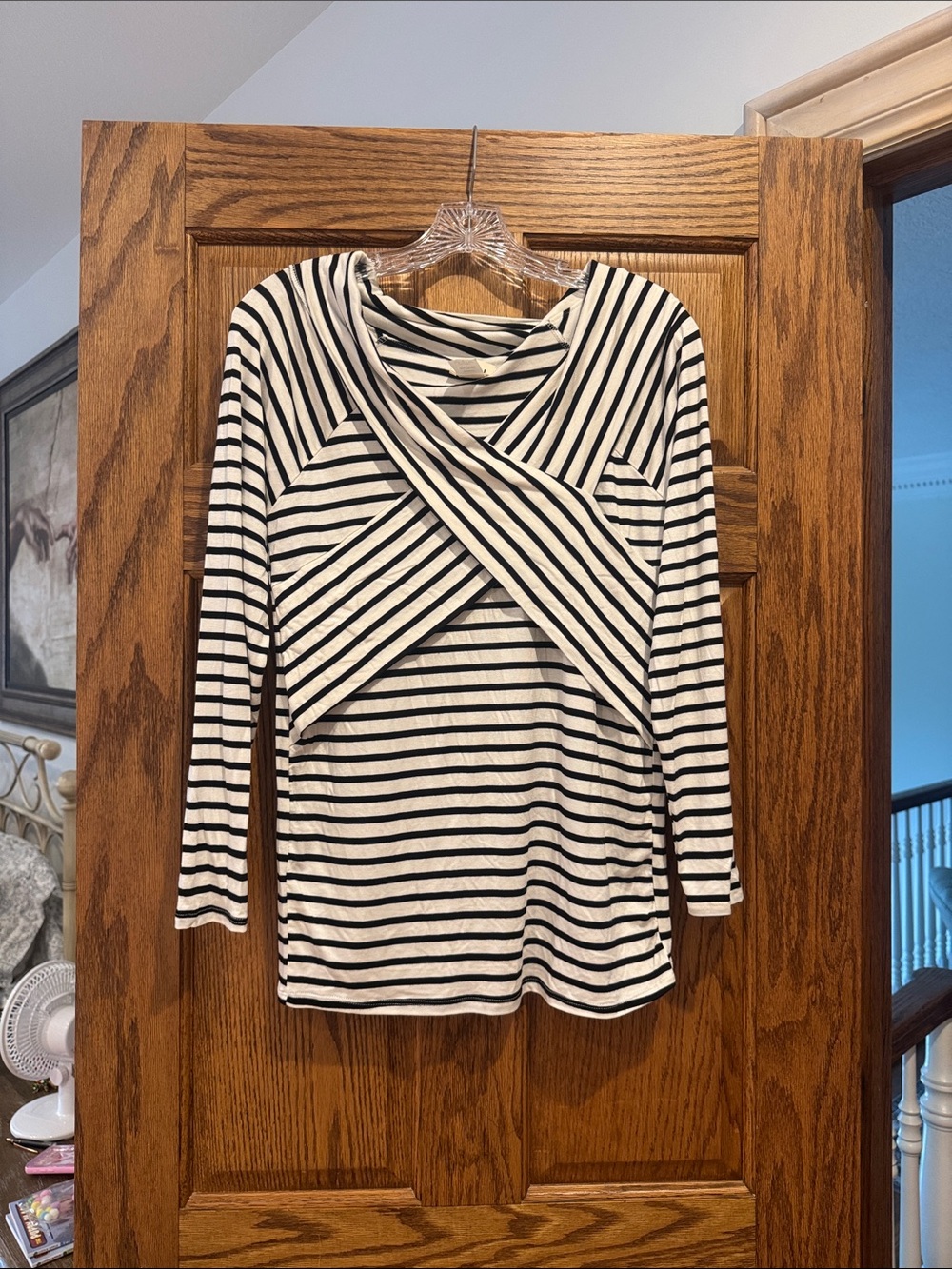 BiBi Black & White Striped Long-Sleeve Wrap Detail Top